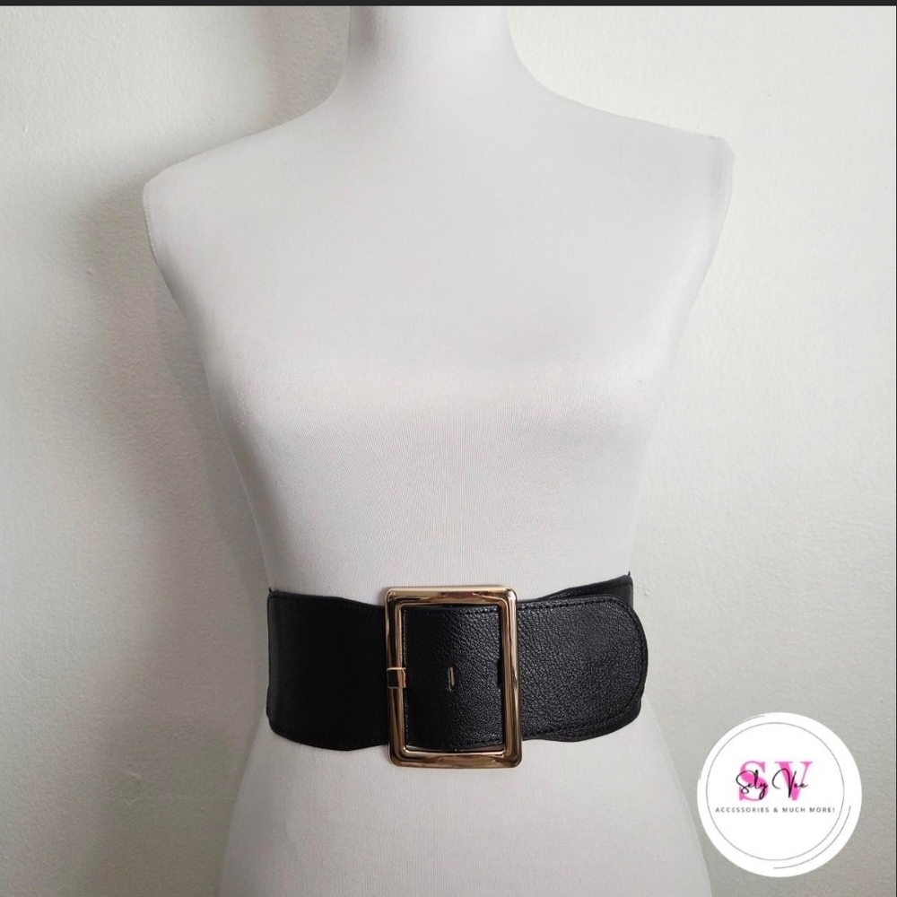 Stretchy Wide Waist Black Belt With Gold Buckle
